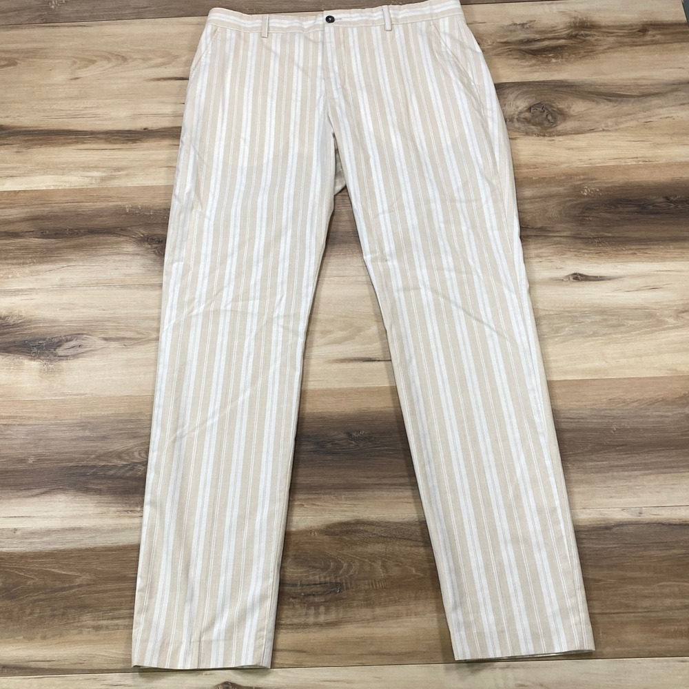 Selected Homme Striped Trousers Mens 34L Minimalist Recycled Slim Beige White